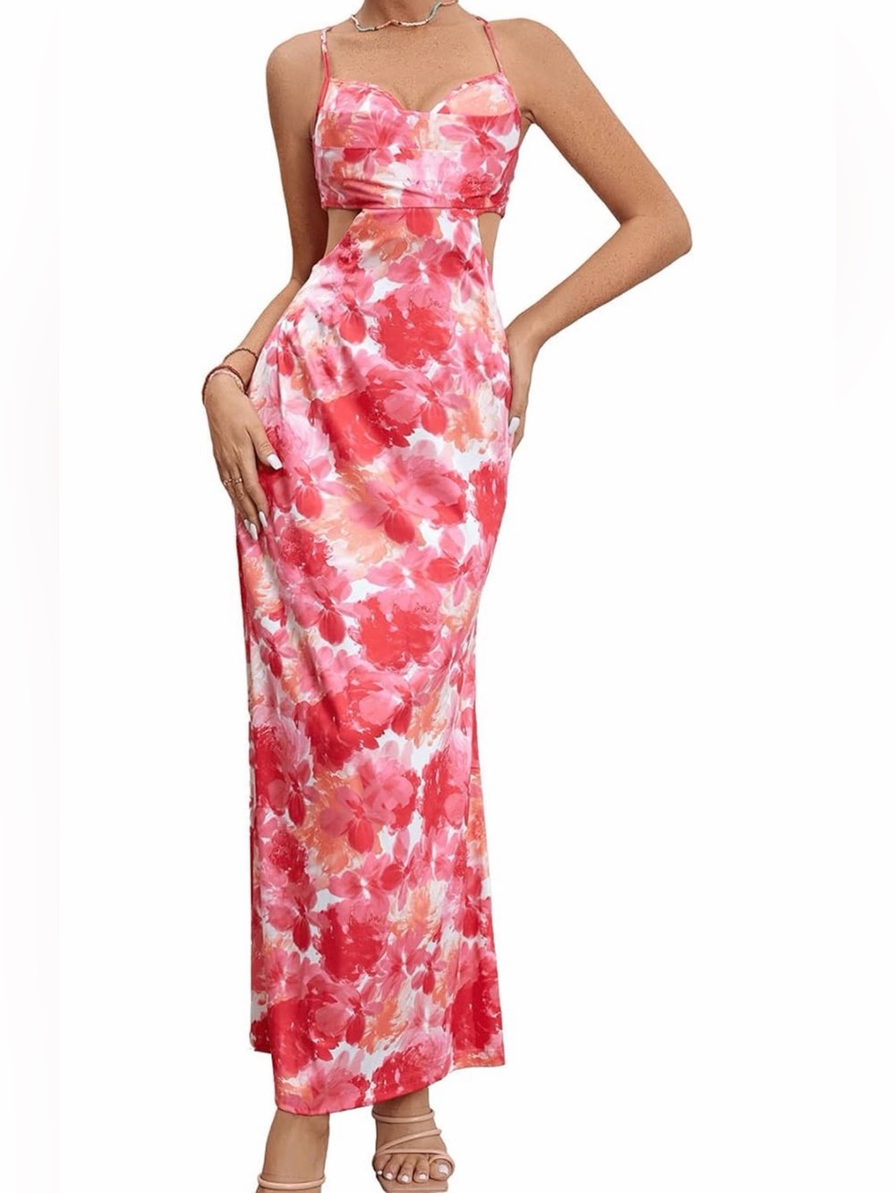 Red Floral Satin Slip Maxi Dress with Adjustable Straps